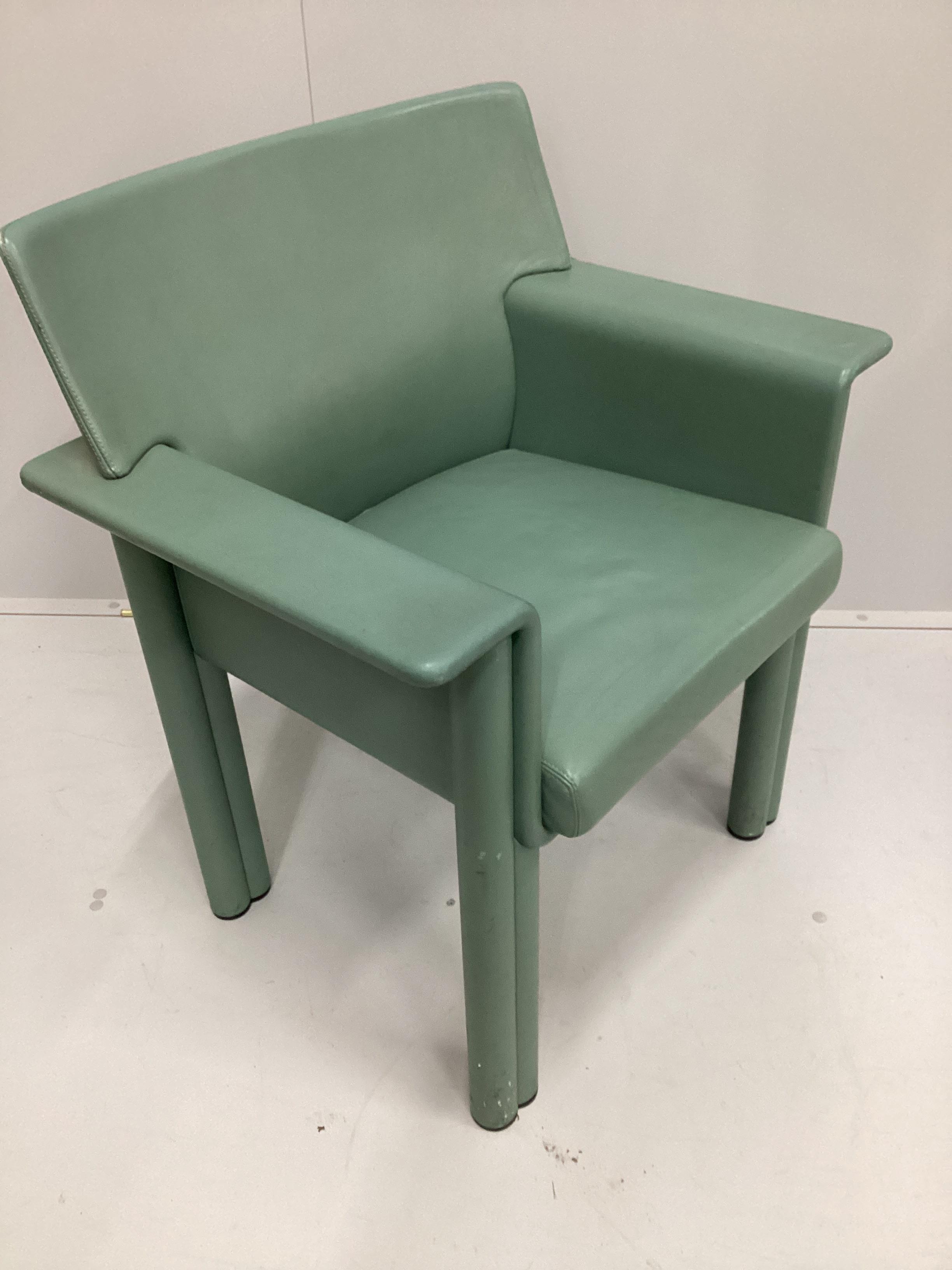 Afra and Tobia Scarpa, an Italian green leather chair by Meritalia, width 71cm, depth 48cm, height 81cm.